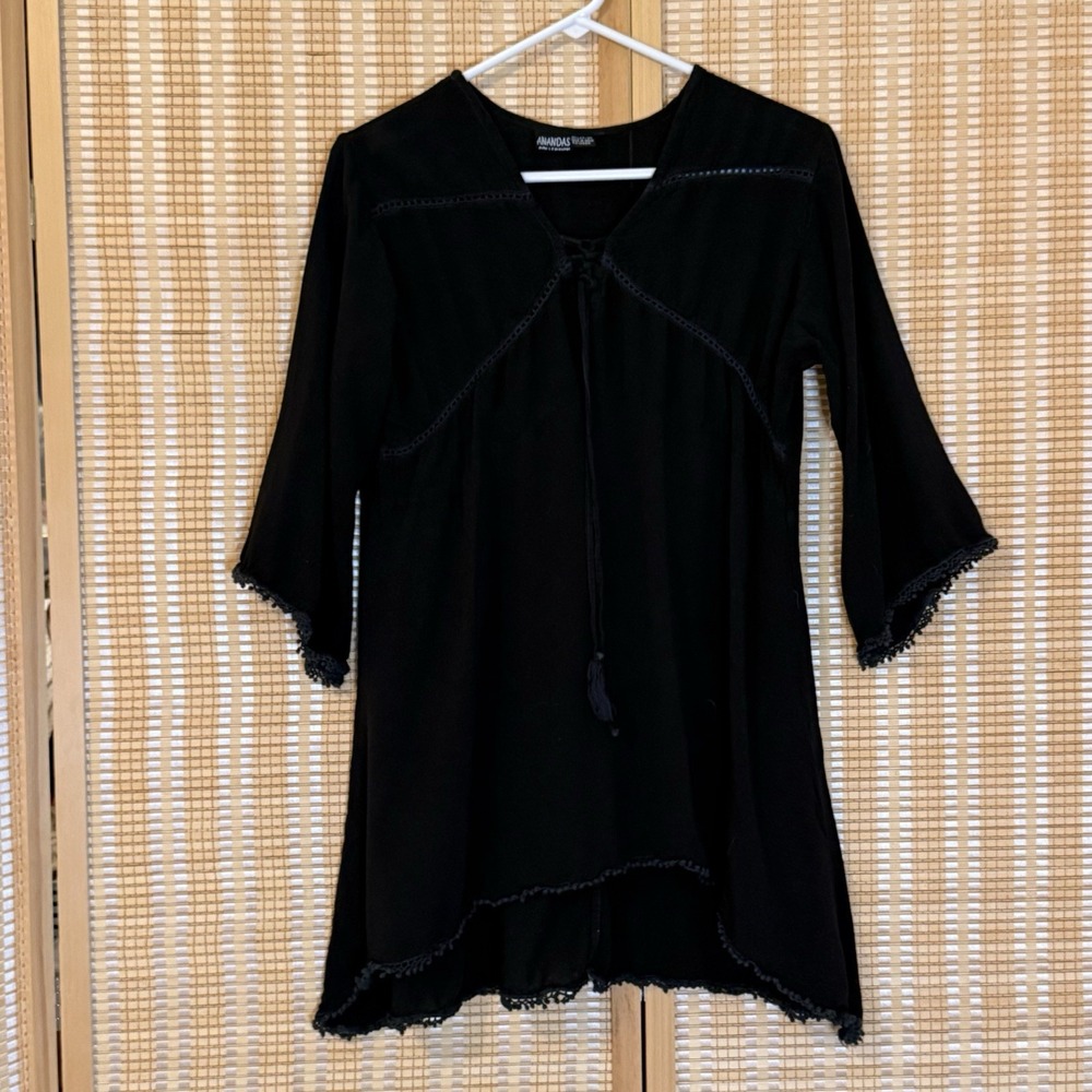 ANANDAS Womens 2X Top Black Crochet 3/4 Sleeve Tie‎ Front Bojo Whimsigoth Witchy